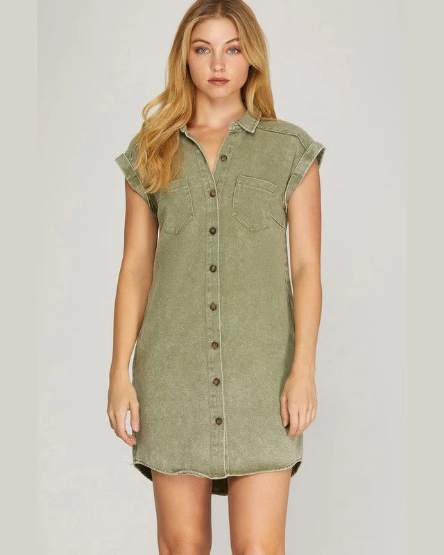 Folded Cuff Button Down Dress-Dresses-She+Sky-Small-Olive-cmglovesyou