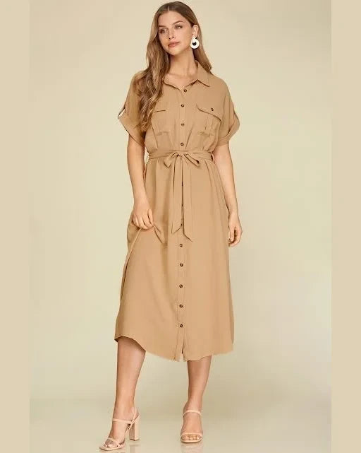 Drop Shoulder Button Down Dress-dress-She+Sky-Small-Taupe-cmglovesyou