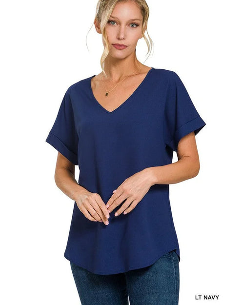 Woven Heavy Dobby Rolled Sleeve V-Neck Top-Top-Zenana-Small-LT Navy-cmglovesyou