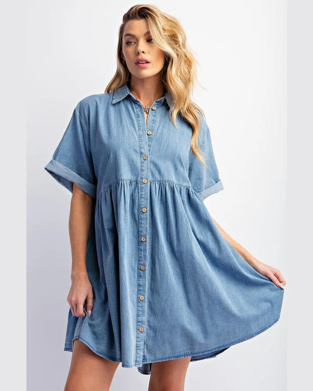 Mini Denim Shirt Dress-Dresses-Easel-Small-Washed Denim-cmglovesyou