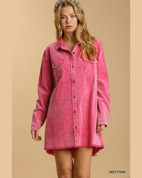 Denim Dress with Unfinished Hem-Dresses-Umgee-Small-Hot Pink-cmglovesyou