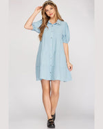 Puff Sleeve Tiered Shirt Dress-Dresses-She + Sky-Small-Lt. Blue-cmglovesyou