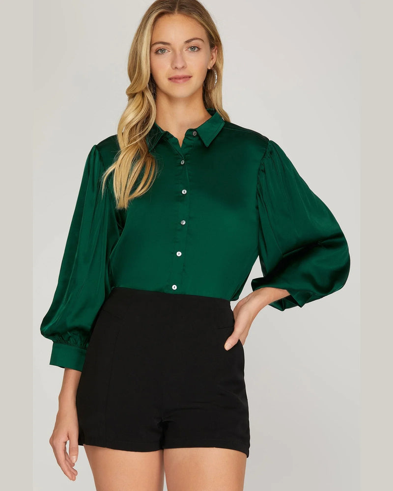 Bubble Sleeve Satin Top-Shirts & Tops-She+Sky-Small-Teal Green-cmglovesyou