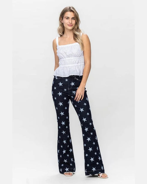 High Waist All Over Star Print Flare-Jeans-Judy Blue-0 (24)-cmglovesyou