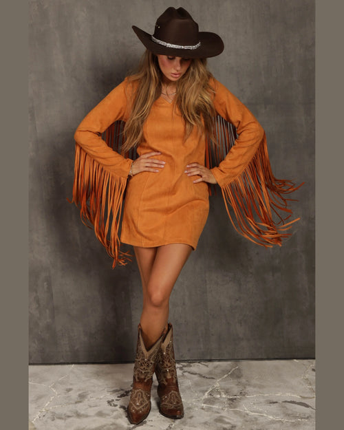 Suede Fringe Dress-Dresses-Blue Buttercup-Small-Camel-cmglovesyou