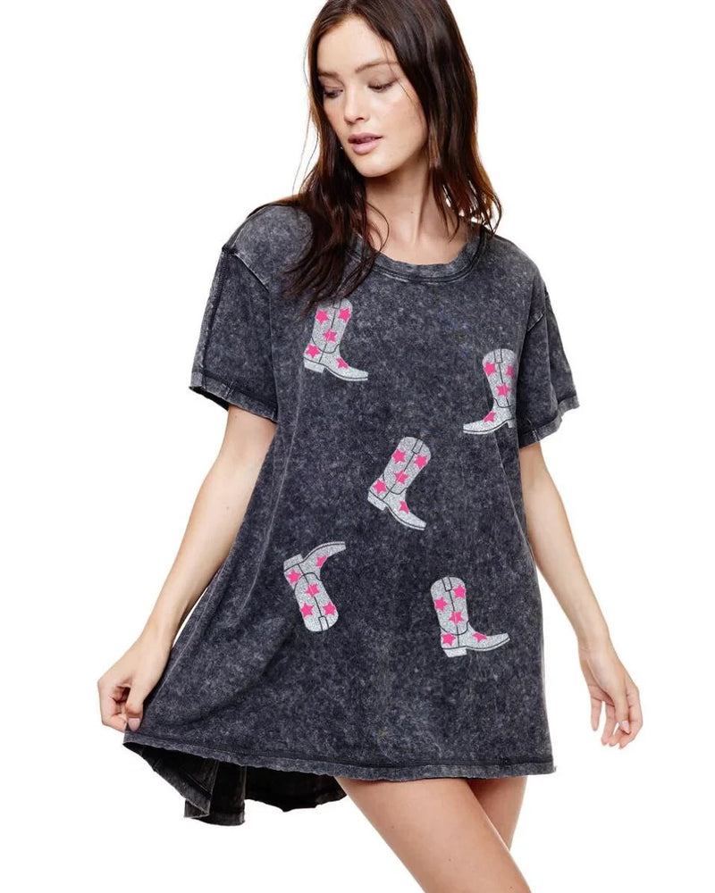 Metallic Cowboy Boots Graphic Tunic Top-Shirts & Tops-Zutter-S/M-Black-cmglovesyou