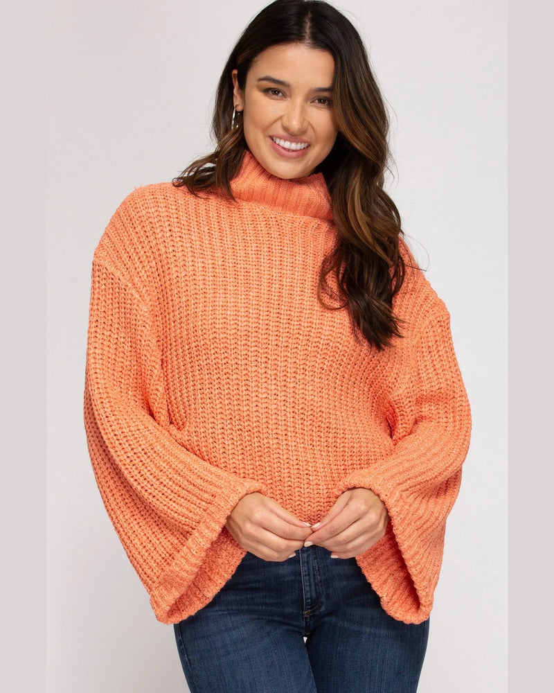 Wide Sleeve Mock Neck Sweater-Sweaters-She+Sky-Small-Coral-cmglovesyou