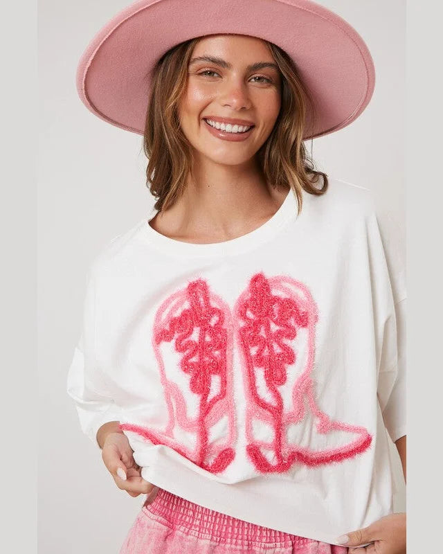 Cowboy Boots Embroidery Tee-Shirts & Tops-Peach Love California-Small-White-cmglovesyou