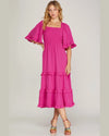 Square Neck Smocked Tiered Midi Dress-Dresses-She+Sky-Small-Hot Pink-cmglovesyou