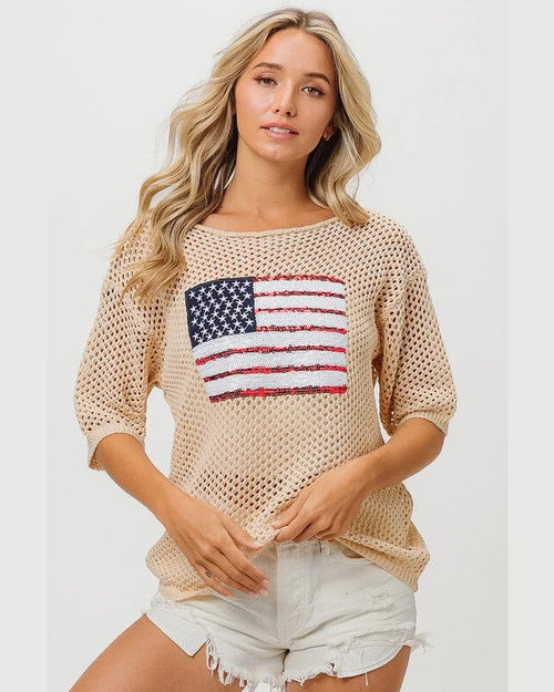 Sequin Flag Cover Up-Shirts & Tops-BiBi-Oatmeal-Small-cmglovesyou