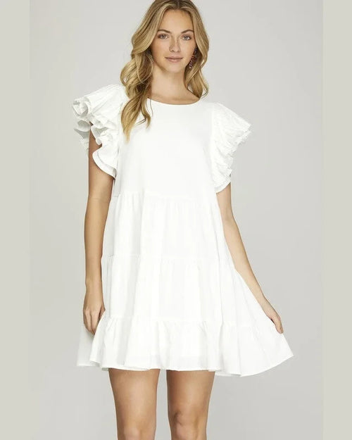 Pleated Ruffle Sleeve Tiered Dress-Dresses-She + Sky-Small-Off White-cmglovesyou