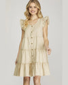 Ruffle Sleeve Tiered Button Down Wash Twill Dress-Dresses-She + Sky-Small-Ecru-cmglovesyou