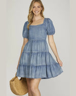 Puff Sleeve Square Neck Tiered Dress-Dresses-She+Sky-Small-Denim Blue-cmglovesyou