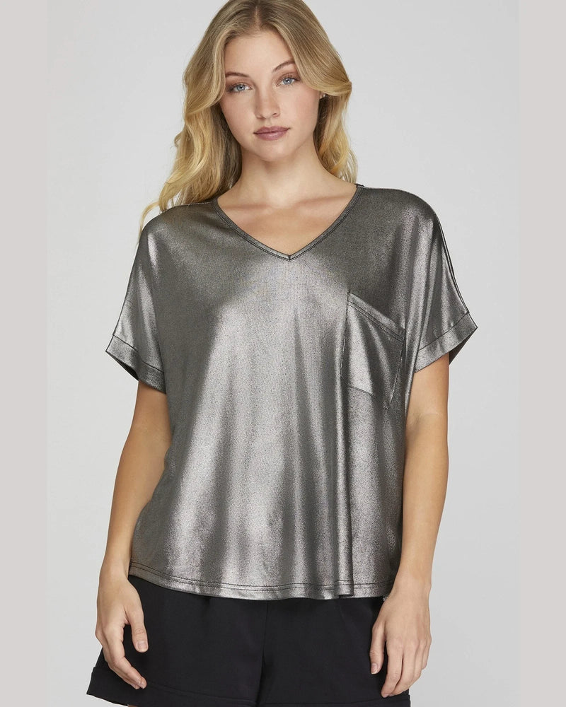 Drop Shoulder V-Neck Metallic Knit Top-Shirts & Tops-She+Sky-Small-Black-cmglovesyou