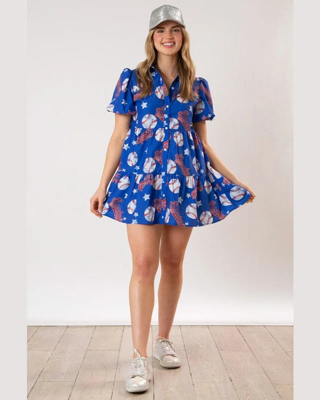 Baseball Print Dress-Dresses-Fantastic Fawn-Blue-Small-cmglovesyou