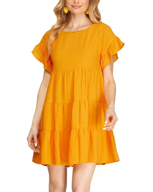 Ruffled Sleeve Textured Woven Dress-Dresses-She + Sky-Small-Gold-cmglovesyou