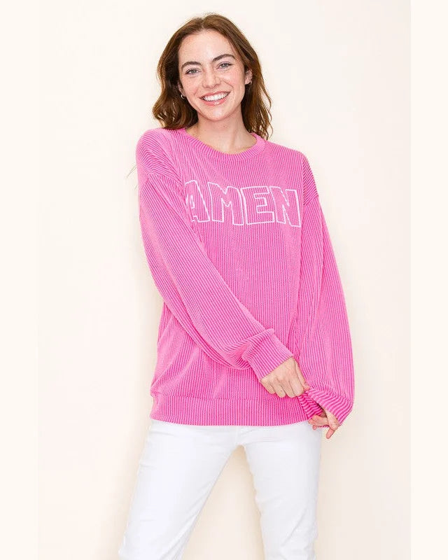 “Amen” Ribbed Sweatshirt-Sweatshirt-Très Bien-Small-Hot Pink-cmglovesyou