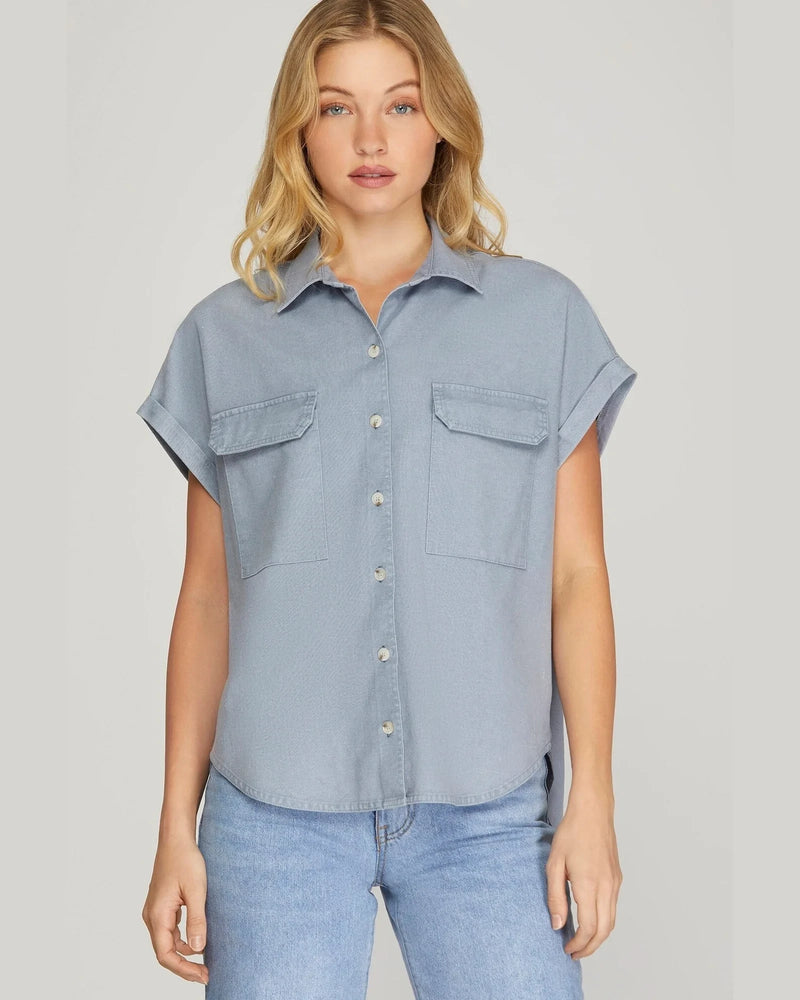 Drop Shoulder Button Up Top-Shirts & Tops-She+Sky-Small-Lt. Blue-cmglovesyou