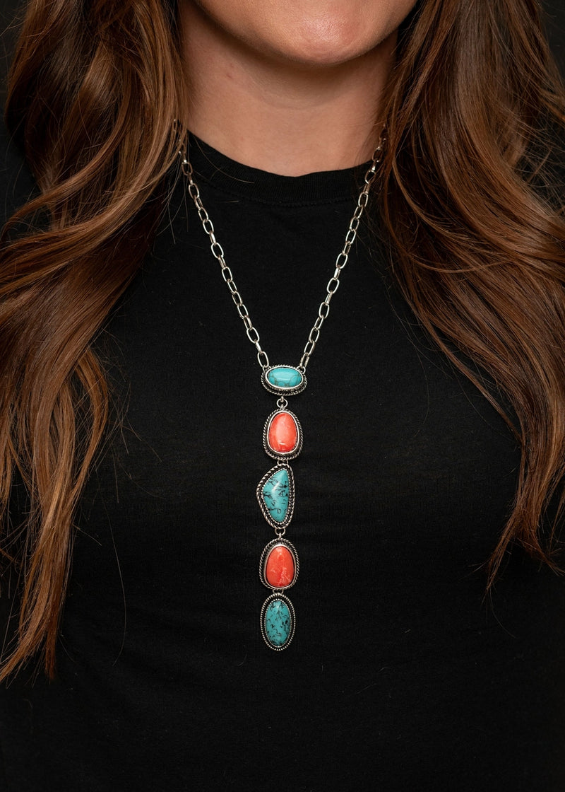 Turquoise/Coral Stone Drop Necklace-Necklaces-West & Co-cmglovesyou