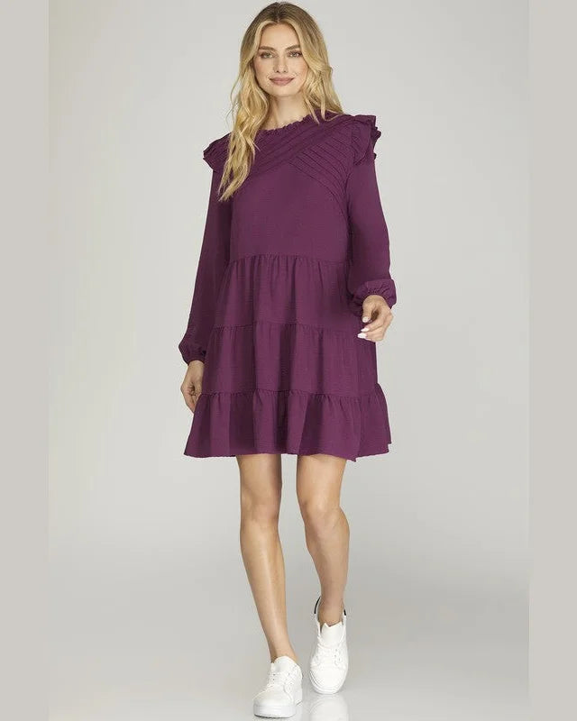 Pintuck Detail Tiered Skirt Woven Mini Dress-Dresses-She + Sky-Small-Magenta-cmglovesyou