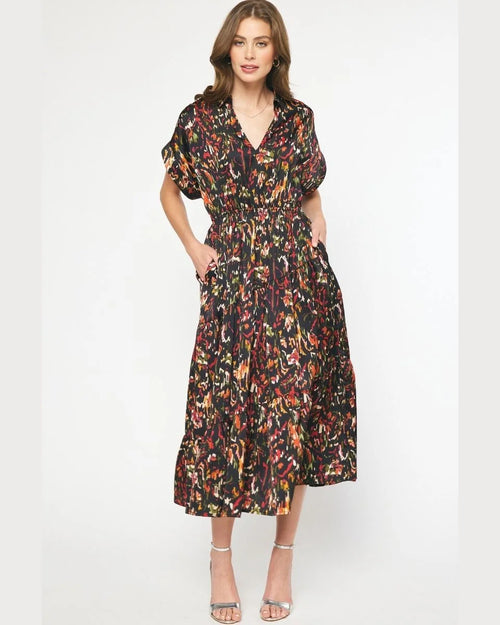 Printed Short Sleeve Collared Maxi Dress-Dresses-Entro-Small-Black-cmglovesyou