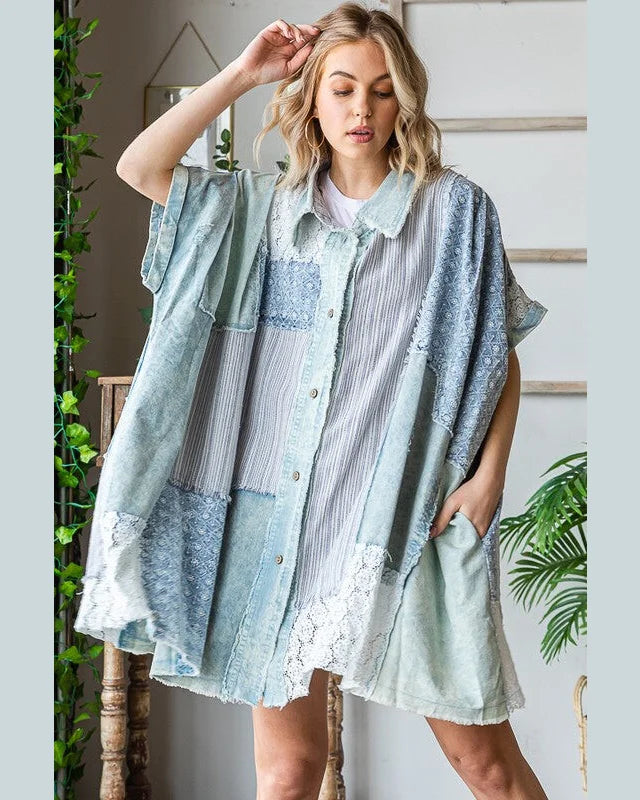 Mixed Fabric Shirt Dress-Dresses-Oli & Hali-S/M-Blue-cmglovesyou