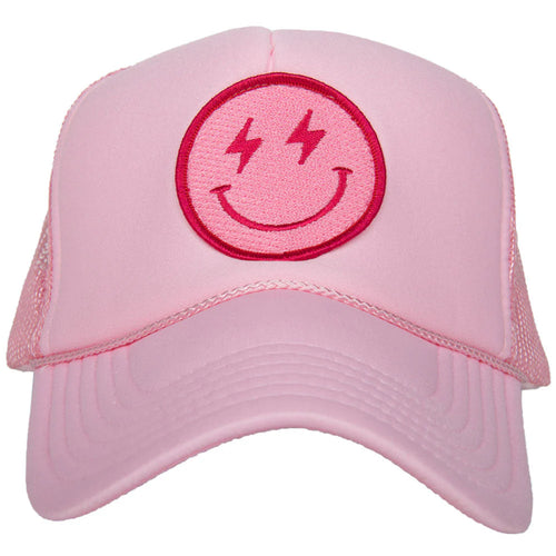 Hot Pink Lightning Happy Face Trucker Hat-Hats-Katydid-Light Pink-cmglovesyou