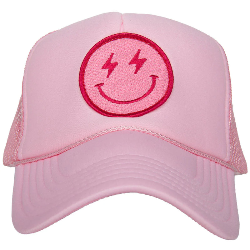 Hot Pink Lightning Happy Face Trucker Hat-Hats-Katydid-Light Pink-cmglovesyou