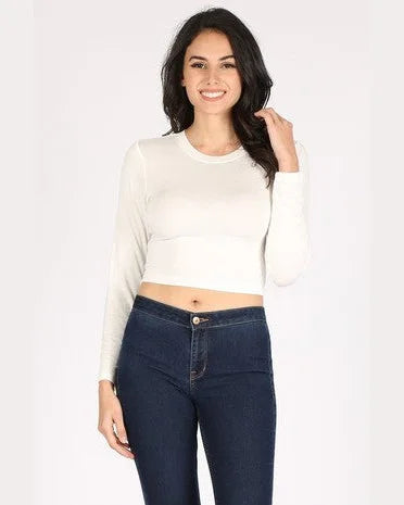 Modal Round Neck Long Sleeve Crop T-shirt-Shirts & Tops-5th Culture-Small-White-cmglovesyou