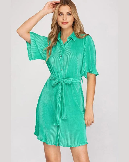 Half Sleeve Plisse Button Down Dress-Dresses-She + Sky-Small-Jade-cmglovesyou