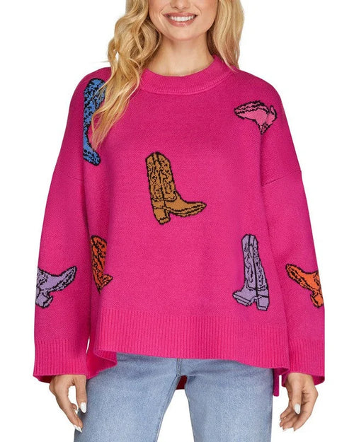 Western Boot Sweater-Shirts & Tops-She + Sky-Small-Hot Pink-cmglovesyou