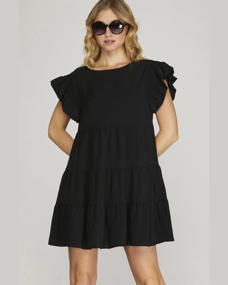 Ruffled Sleeve Tiered Woven Dress-Dresses-She + Sky-Small-Black-cmglovesyou