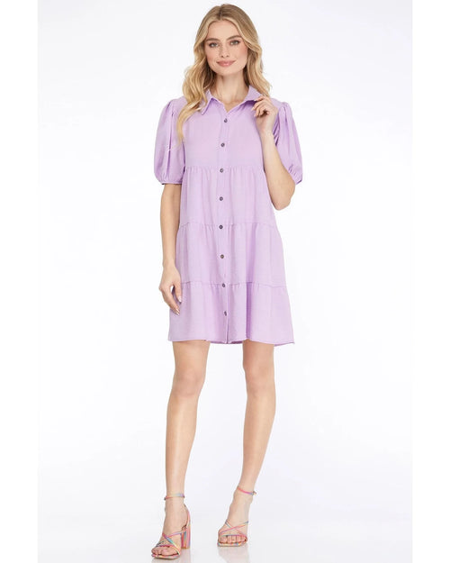 Short Puff Sleeve Shirt Dress-Dresses-She+Sky-Small-Lilac-cmglovesyou