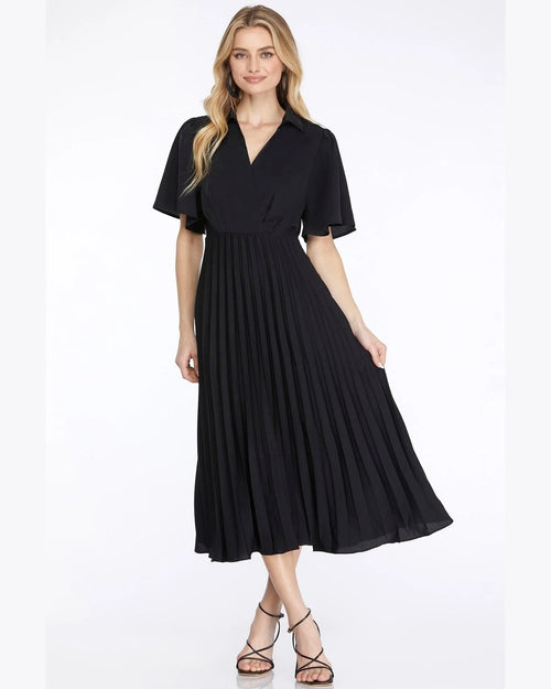 Short Sleeve Pleated Midi Dress-Dresses-She + Sky-Small-Black-cmglovesyou