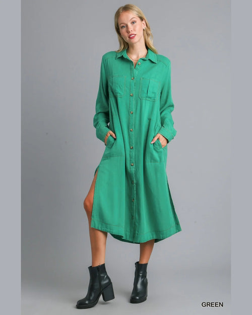 Mineral Wash Button Down Dress-Dresses-Umgee-Small-Green-cmglovesyou