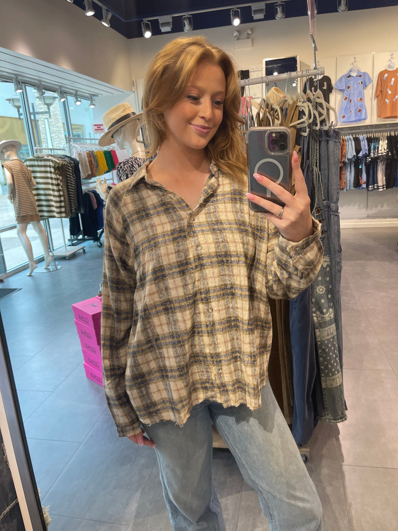 Raw Edge Plaid Top-Shirts & Tops-Wishlist-Sand/Navy-Small-cmglovesyou