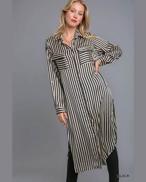 Striped Long Sleeve Button Down Midi Dress-Dresses-Umgee-Small-Black-cmglovesyou