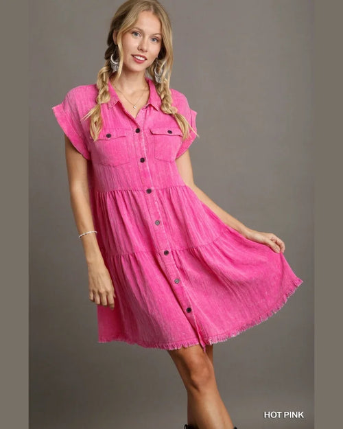 Snow Washed Ruffle Dress-Dresses-Umgee-Small-Hot Pink-cmglovesyou