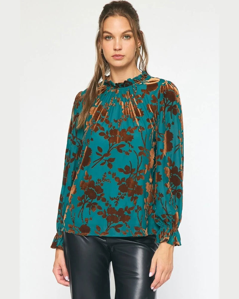 Velvet Floral Top-Tops-Entro-Small-Teal-cmglovesyou